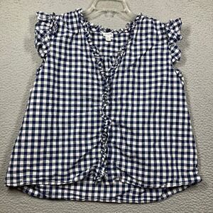 J. Crew Top Womens XXL Navy White Gingham Check Ruffle Sleeve Button Up V Neck